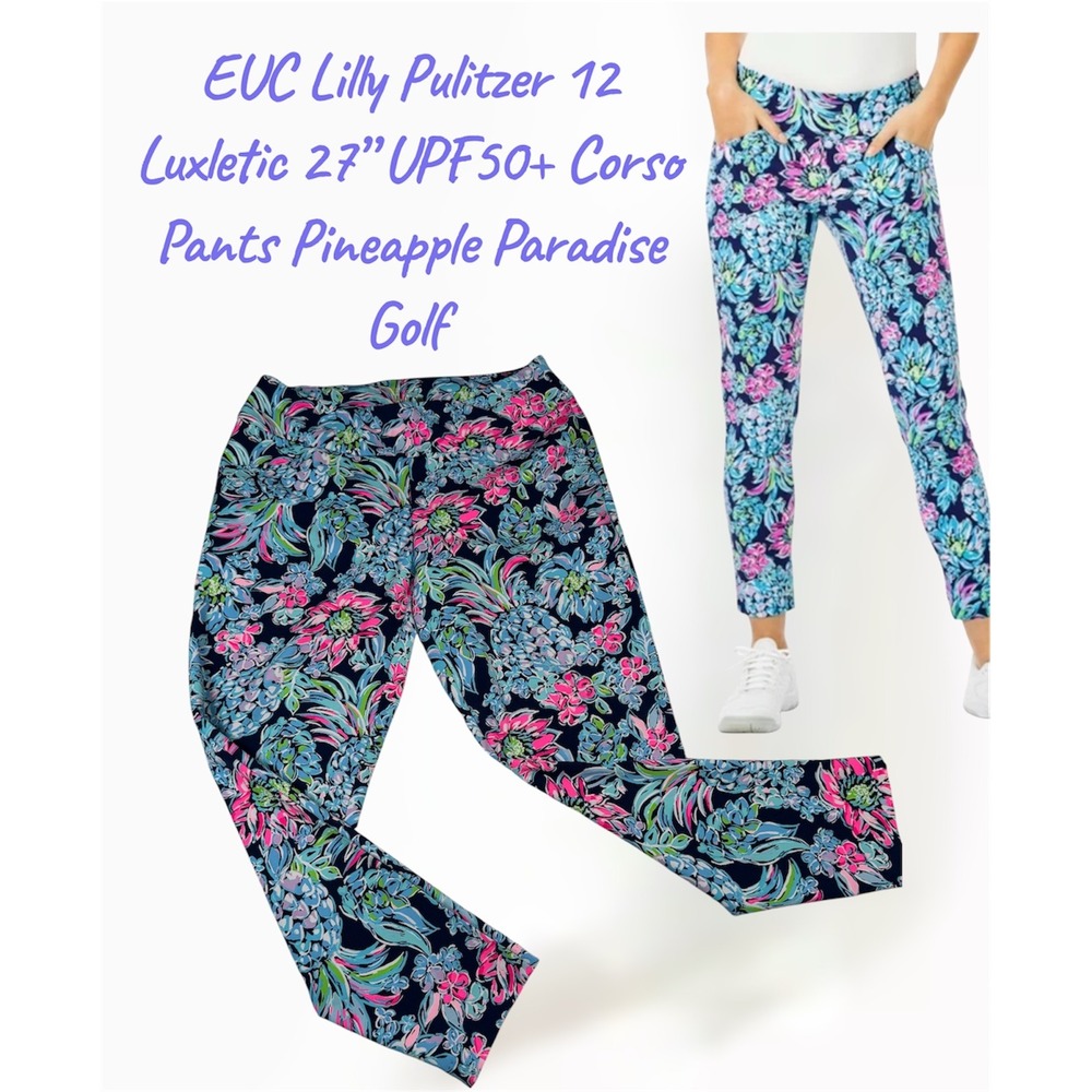 Lilly Pulitzer Luxletic 12 UPF50+ Corso Pineapple Paradise‎ Golf Pants 27" Blue